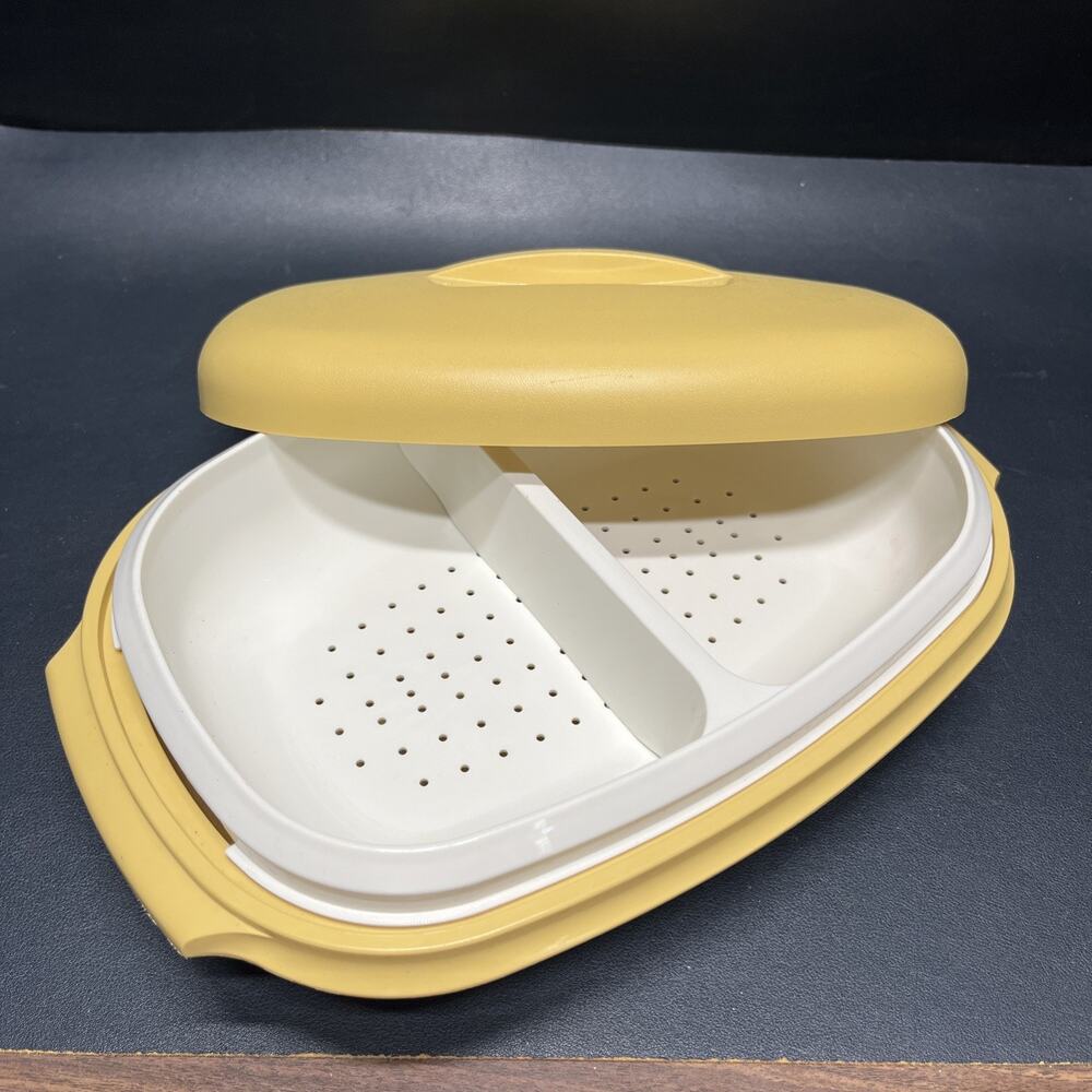 Vintage Tupperware #1275-6 Harvest Gold 4 piece Vegt. Rice Steam Strain EUC
